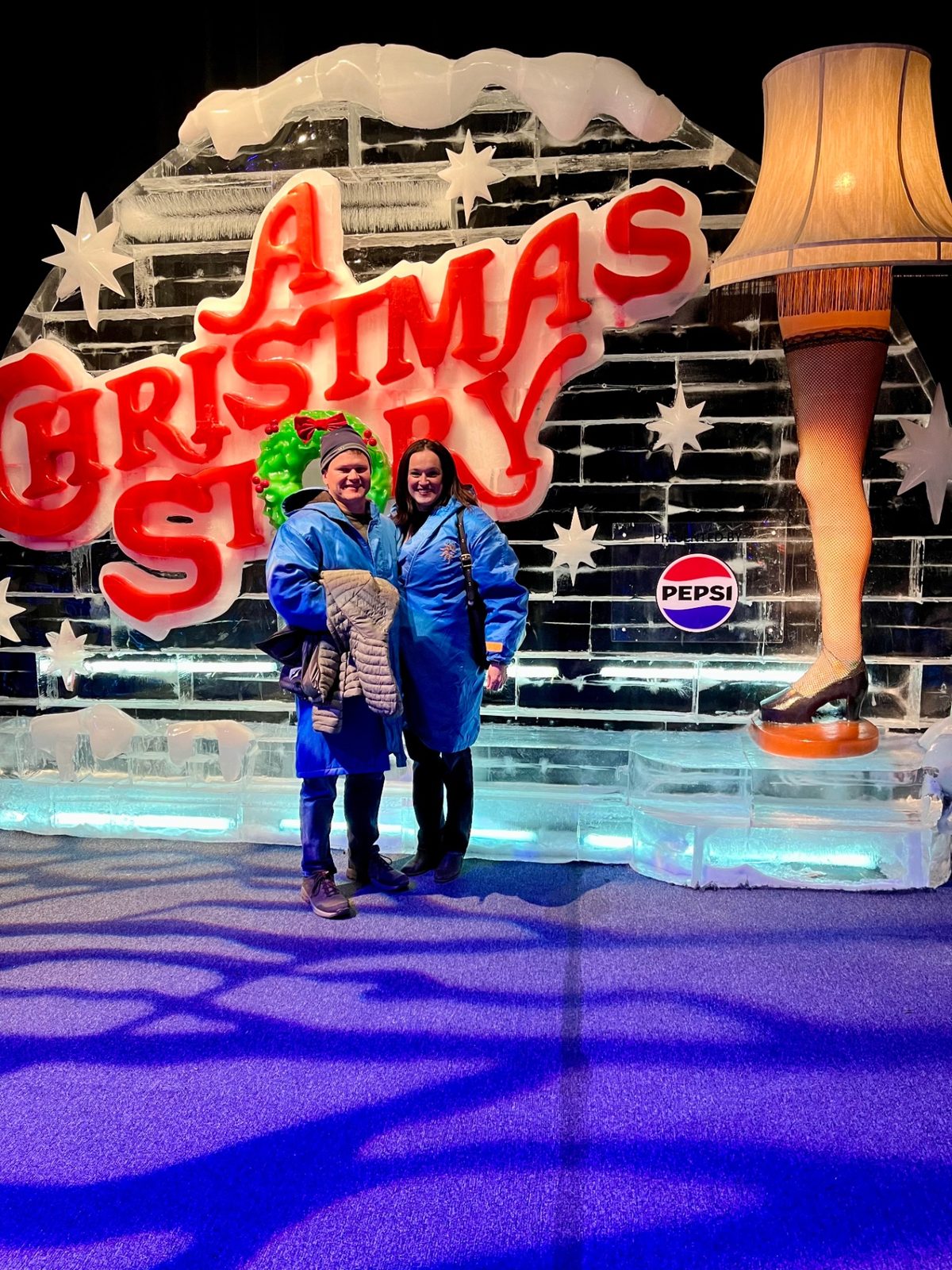 Julie and Jay at A Christmas Story ice sculpture